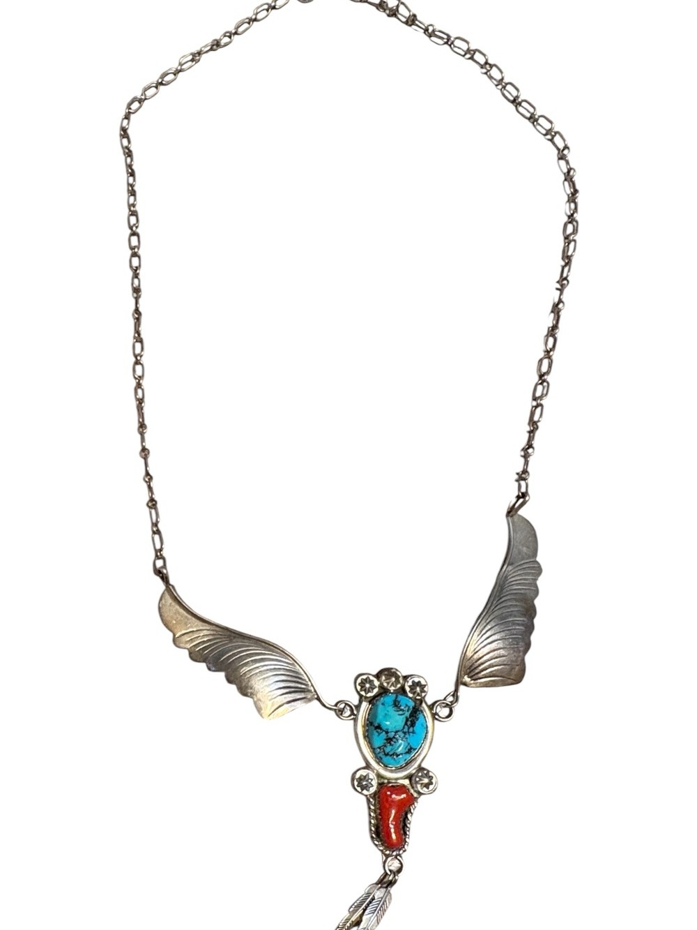 Vintage Sterling Silver Signed Winged Turquoise & Red Coral Necklace